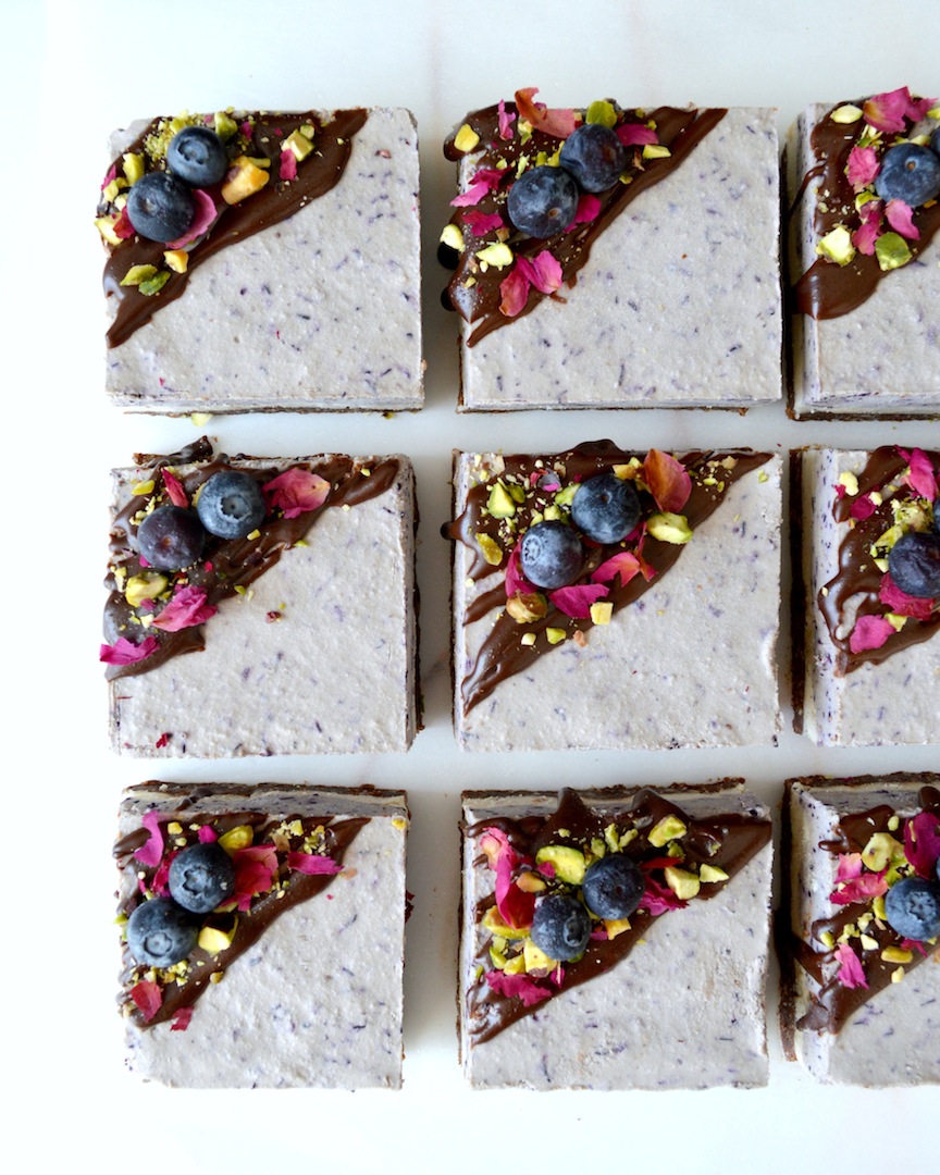 Blueberry Dream Bars with Chocolate Hazelnut Crust (Raw, Vegan) by Plantbased Baker