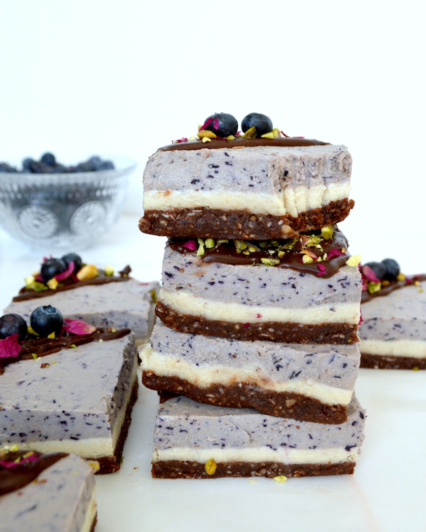 Blueberry Dream Bars with Chocolate Hazelnut Crust (Raw, Vegan) by Plantbased Baker