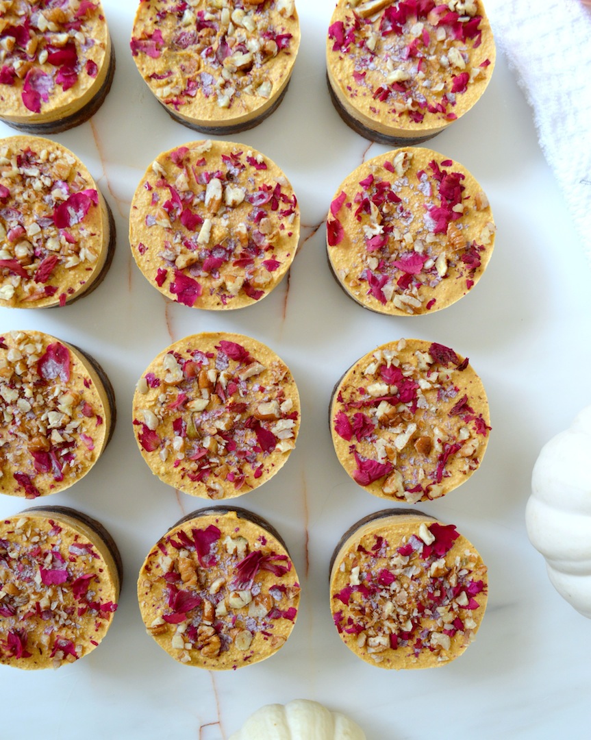 Mini Chocolate Salted Caramel Pumpkin Cheesecakes (No-Bake, Vegan)  by Plantbased Baker