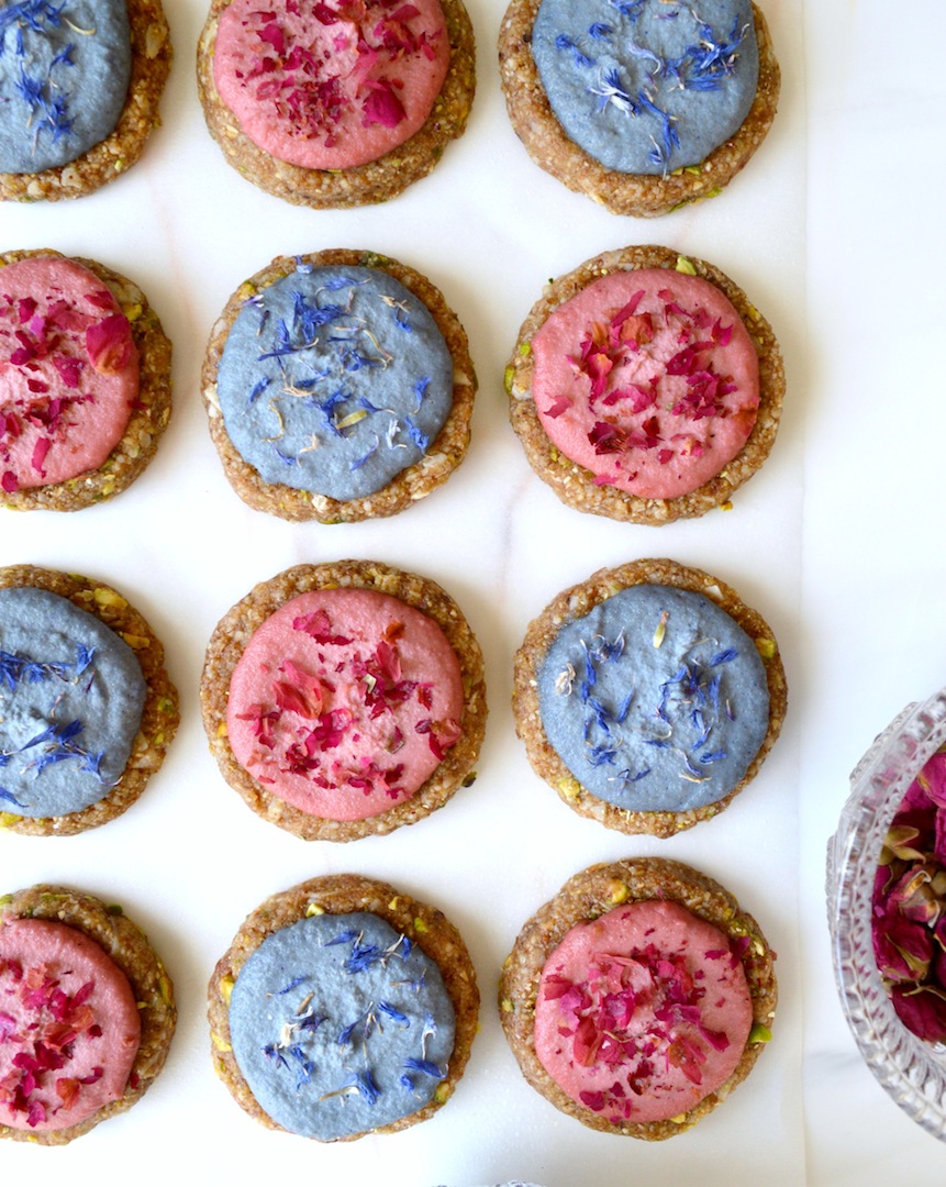 Pistachio Coconut Cookies with Rose and Lavender Cashew Cream 