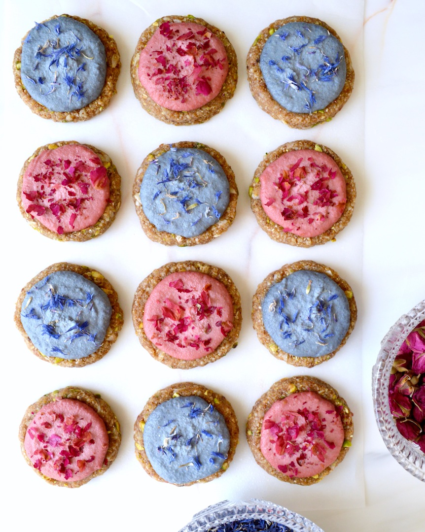 Pistachio Coconut Cookies with Rose and Lavender Cashew Cream (Raw, Vegan)  by Plantbased Baker