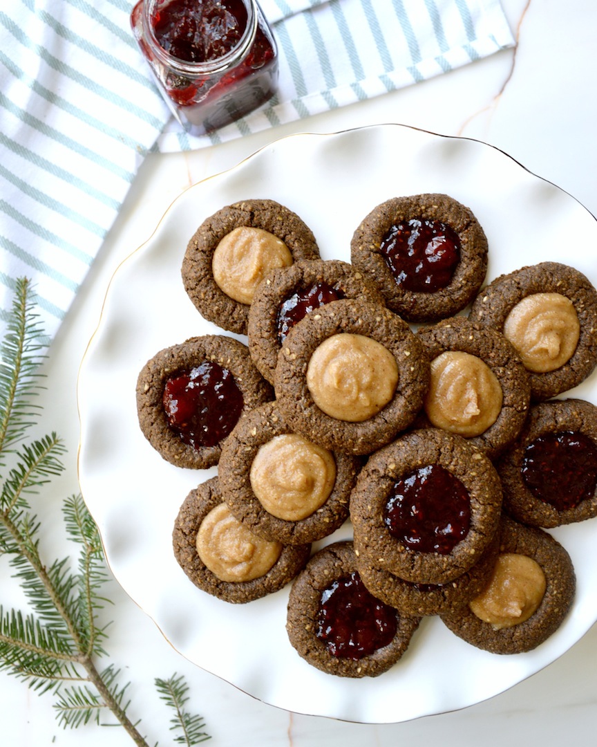 Gingerbread Thumbprint Cookies with Cashew Cream and Berry Jam (Gluten-free, Vegan) by Plantbased Baker